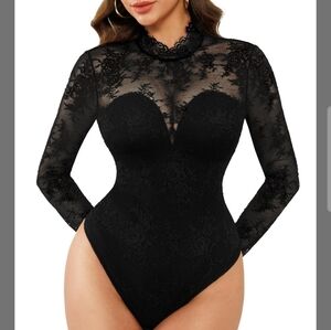 Popilush Black Lace Long-Sleeve Bodysuit